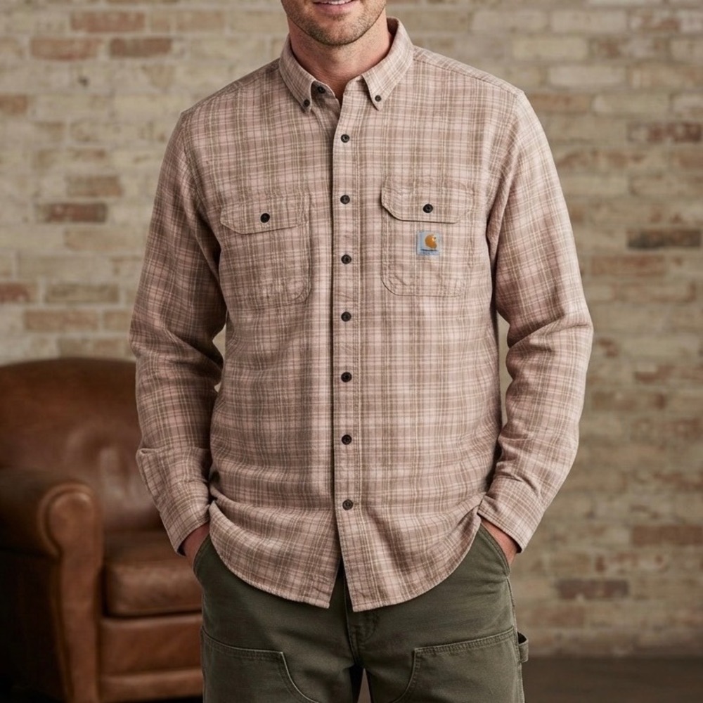 Carhartt Mens XL Tall Loose Fit Plaid Button Down Work Shirt‎ Tan Pink